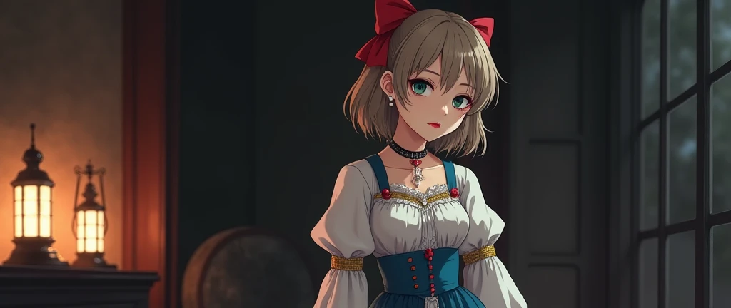 A young anime woman 、 wearing an 1880s-style dress 、 wearing a white puff sleeve shirt and a long blue skirt, red pins with golden details around the neck of her shirt , loosely wrapped, light brown hair with red bows , PEARL EARRINGS , red lips, has olive...