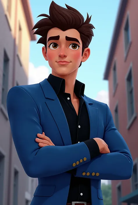  Character in the Miraculous model, as Aventuras de Ladybug.  Character in blue suit , with black dress shirt , pele calara,  brown hair and eyes