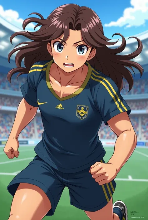 Create me a character from Inazuma Eleven with semi-stocky long brown male hair and gray eyes