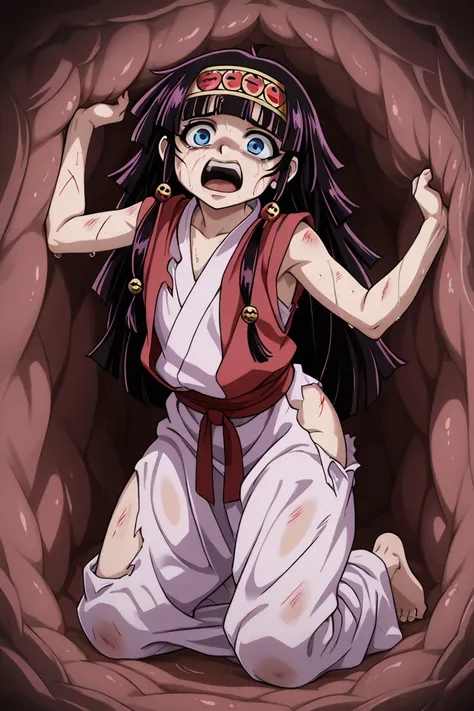 1girl, solo, (Alluka Zoldyck,black hair,blue eyes, long hair,hair ornament,hairband,japanese clothes),, obra maestra, mejor calidad, alta resolución, 8k,, inside a stomach, stomach interior, scared face, full body shot, wet, wide open mouth, screaming, bar...