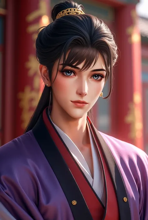 1 handsome Chinese guy. Hair curled back. Wears a crown of hair over his head . hazel eyes . handsome face .  A Royal Prince. Wearing a luxurious silk hanfu collared with a black-purple color blend. The prince's oversize clothes. Showing off a hint of her ...