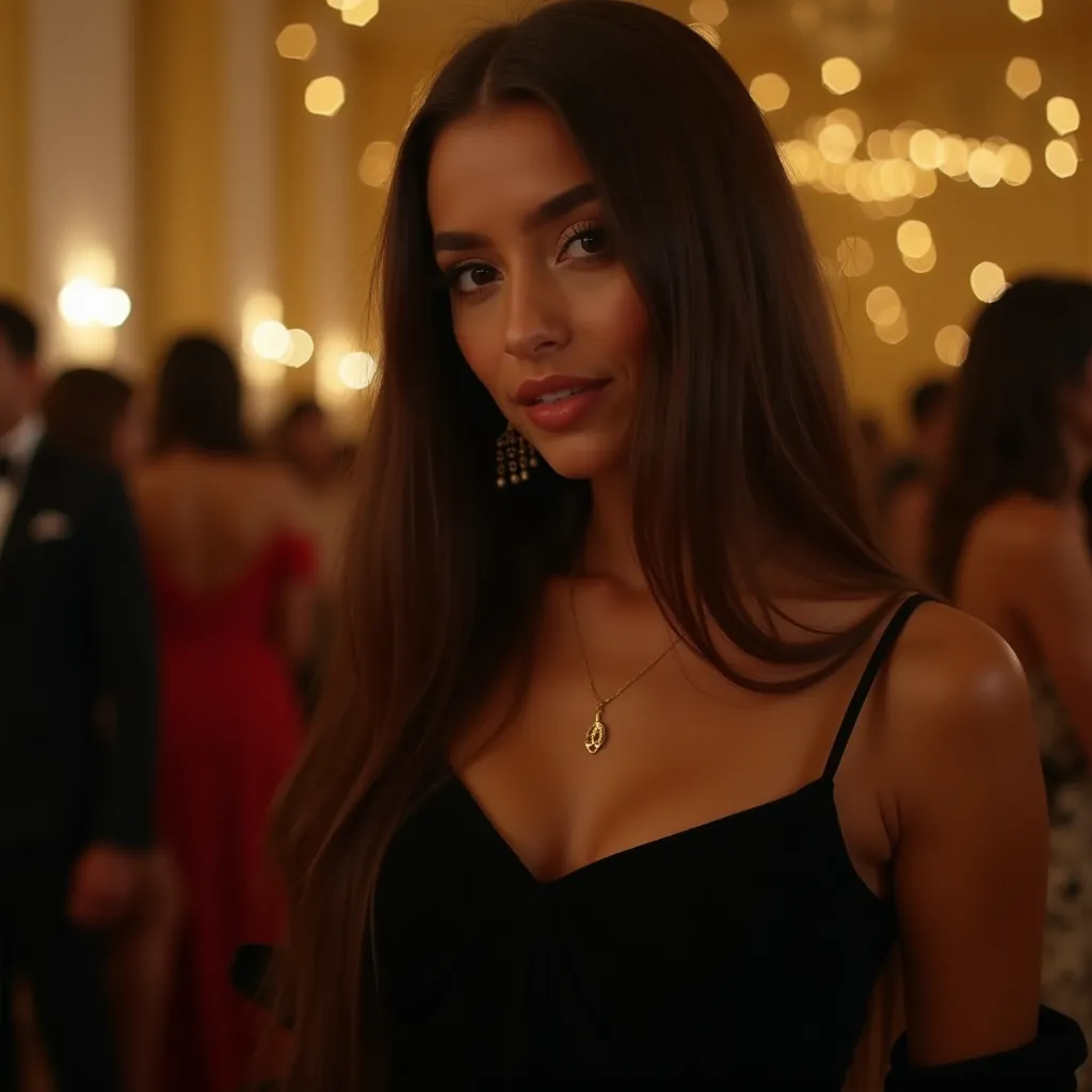 Long silky smooth brown straight hair black eyes long lashes tan skin a black top with flair sleeves black nails a gold party in the background and cute accessories gold lights and fancy dresses people  in the background a cute clip in her hair, young adul...