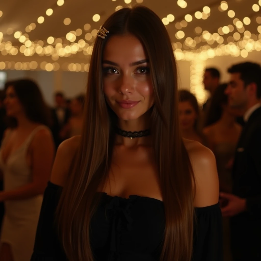 Long silky smooth brown straight hair black eyes long lashes tan skin a black top with flair sleeves black nails a gold party in the background and cute accessories gold lights and fancy dresses people  in the background a cute clip in her hair, young adul...