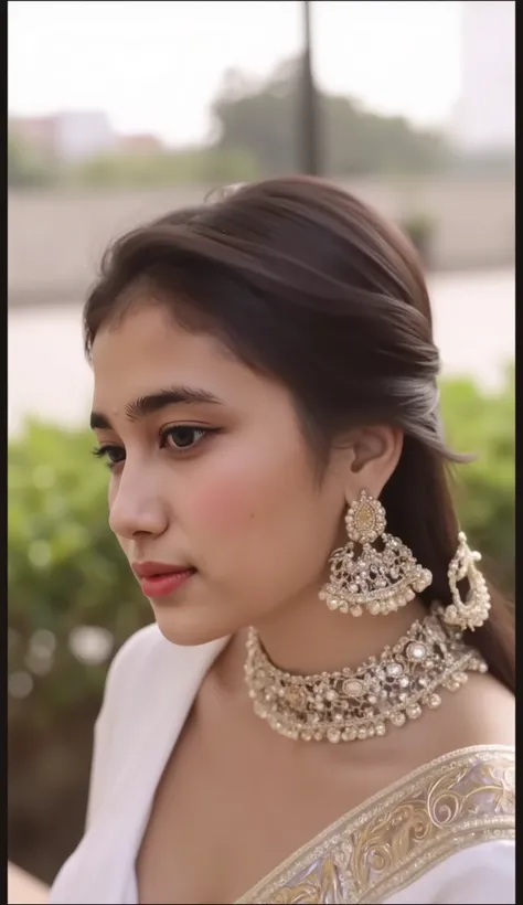 A beautiful girl with black hair, glowing skin in white saree with some gold ornamental . 