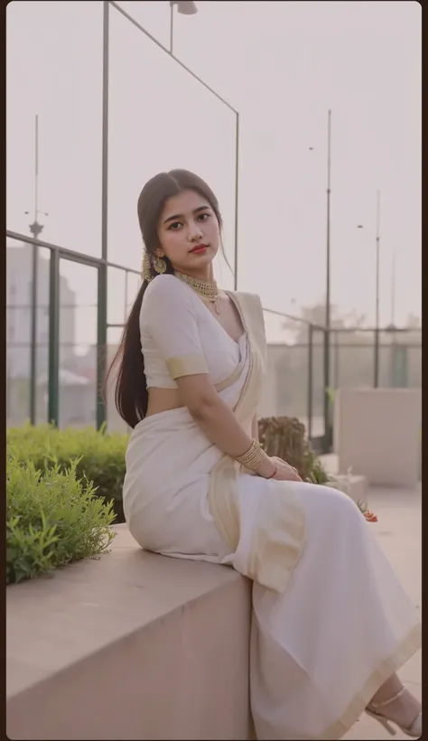 A beautiful girl with black hair in white saree with some gold ornamental . 