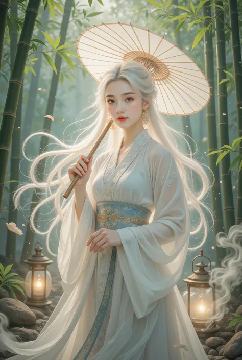 A beautiful girl in a bamboo forest, bamboo leaves falling softly, hazy atmosphere, long white hair, wearing a graceful white hanfu, alluring and elegant, holding a traditional oil-paper umbrella, carrying a lantern, holding a delicate folding fan, playing...
