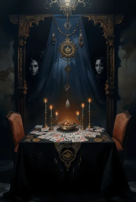 witch,  magini customer desk,  mystical atmosphere ,  in a cinematic style ,  modern decor ,  playing cards , witch symbol , candles, symbols on the tablecloth , magic energy in the air , two chairs and a table ,  maximum detail , 8k