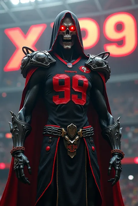 Ainz Ooal Gown in 49ers jersey in the stadium xp9 sign in the background 