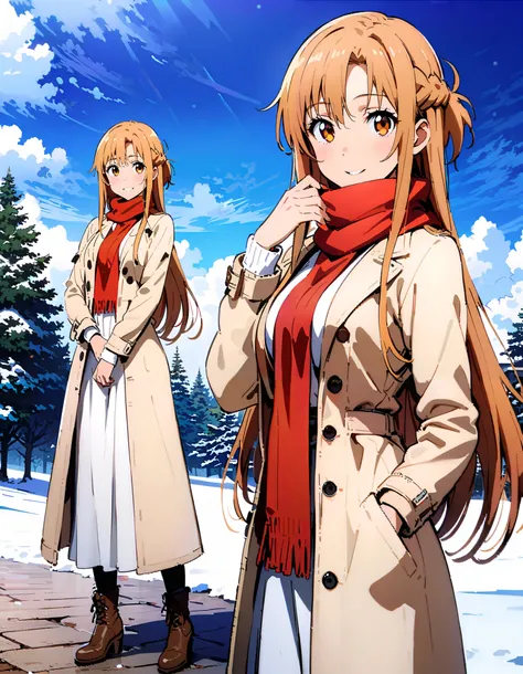 Asuna Yuki , bangs,Alone,  braided, Hair,  brown eyes,single  braided,Medium breast,smile,blush, open their mouths, red scarf,White Down Coat , ( sweater :1.2),( turtleneck:1.2), long skirt ,  boots, standing,snow,whole bodyがイラストに入るように, break looking at vi...
