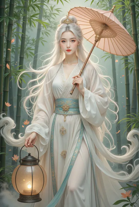 A beautiful girl in a bamboo forest, bamboo leaves falling softly, hazy atmosphere, long white hair, wearing a graceful white hanfu, alluring and elegant, holding a traditional oil-paper umbrella, carrying a lantern, holding a delicate folding fan, playing...
