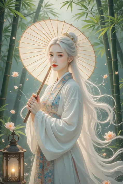A beautiful girl in a bamboo forest, bamboo leaves falling softly, hazy atmosphere, long white hair, wearing a graceful white hanfu, alluring and elegant, holding a traditional oil-paper umbrella, carrying a lantern, holding a delicate folding fan, playing...