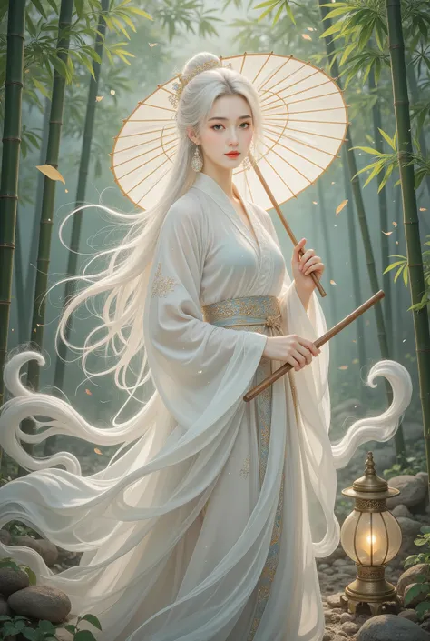 A beautiful girl in a bamboo forest, bamboo leaves falling softly, hazy atmosphere, long white hair, wearing a graceful white hanfu, alluring and elegant, holding a traditional oil-paper umbrella, carrying a lantern, holding a delicate folding fan, playing...