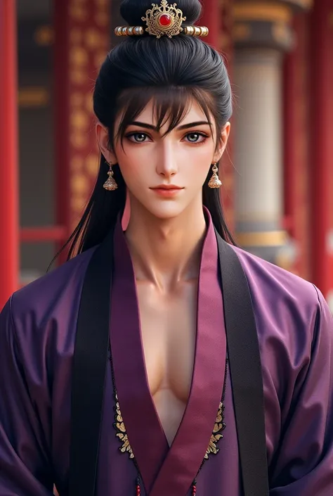 1 handsome Chinese guy. Hair half piped back. Wearing a crown of hair on his head. hazel eyes . handsome face .  A Royal Prince.  Wears luxurious silk hanfu with a black-purple color blend. Reveals a little cleavage. The prince's oversize clothes. Dashing ...