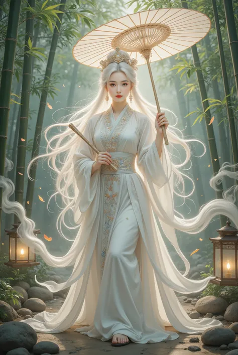 A beautiful girl in a bamboo forest, bamboo leaves falling softly, hazy atmosphere, long white hair, wearing a graceful white hanfu, alluring and elegant, holding a traditional oil-paper umbrella, carrying a lantern, holding a delicate folding fan, playing...