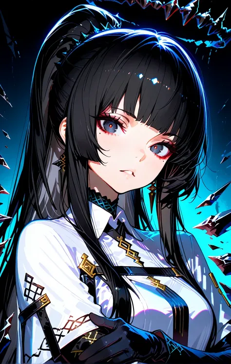 [mika pikazo:0.25, yoneyama mai:0.35, ilya kuvshinov:0.55, ainy:0.33],virtuosa_arknights, 1girl, black hair, blunt bangs, long hair, broken halo, black eyes, mole below eye, white shirt, collared shirt, looking at viewer, relaxed, parted lips, portrait, cr...