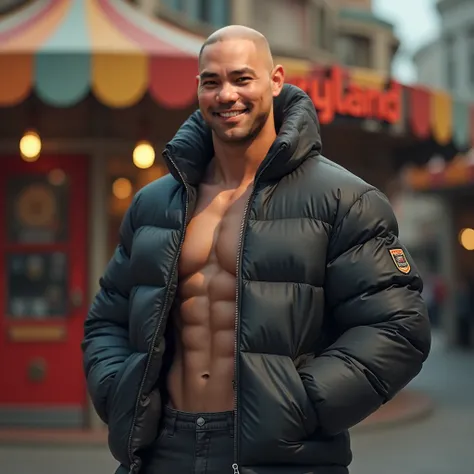  face close-up，A muscular bald young male wearing a down jacket and pants， Hands in Pockets ，, the corners of the mouth are raised，The background is outside the Disneyland kiosk，