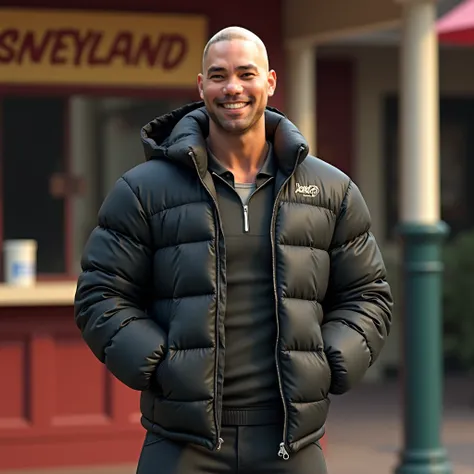  face close-up，A muscular bald young male wearing a down jacket and pants， Hands in Pockets ，, the corners of the mouth are raised，The background is outside the Disneyland kiosk，