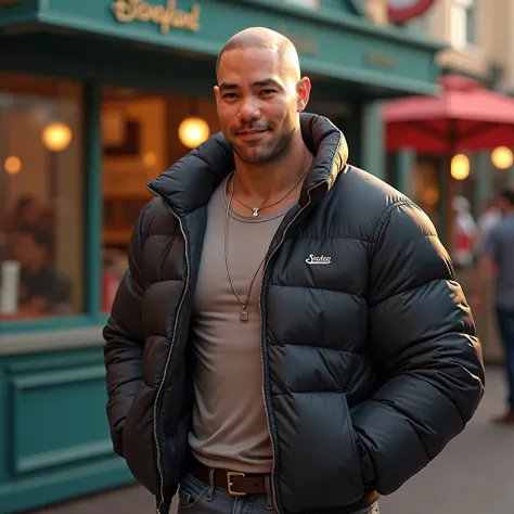  face close-up，A muscular bald young male wearing a down jacket and pants， Hands in Pockets ，, the corners of the mouth are raised，The background is outside the Disneyland kiosk，