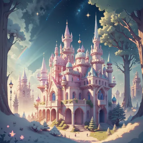  pastel cartoon-style palace, Stars and rainbows, Magical Elements,  mobile game , Forest and flora, Mysterious, a touch of Magical Elements, Animal contours.