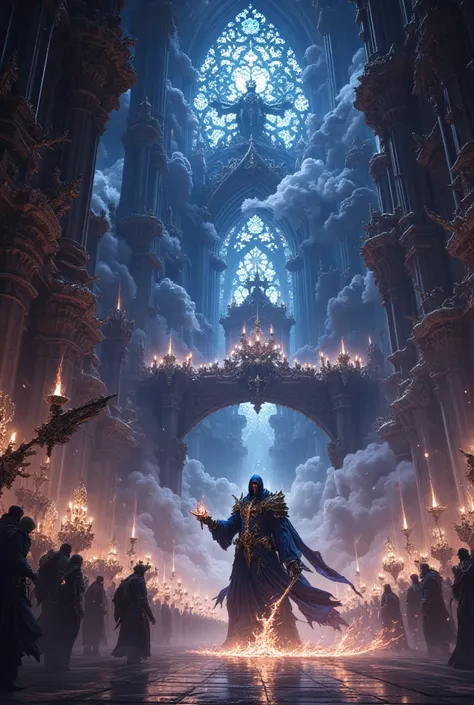  fantasy(The scene where the cool blue hooded wizard shines fire magic from the Crystal Wand in a cool way) The inside of the mysterious, shining, and beautiful huge ancient cathedral is a three-story complex three-story walkway with an intricate structure...