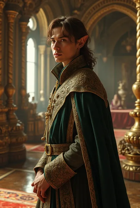 A male elf man, light brown hair, small ears, wearing ornate robes in a large opulent room, looking to the side, medieval fantasy, fantasy movie, realistic