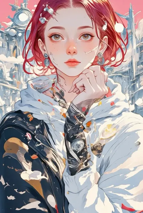  full body image ， lingerie ，In the ice， manga style:1.51,   anatomically accurate  :1.5,   close-up of a young woman with tattoos on her arm and left cheek,  眉に届くほどの長いRed Hair ， Light Eyes ,   surrealist pop  ,   looking at the Camera  ,    Japanese surre...