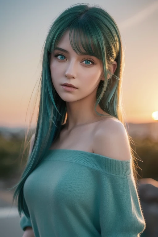  best quality , Masterpiece,  super high resolution, ( realism: 1.4),   Original Pictures ,  1 girl,  green eyes,  off shoulder,  Cinematic Lighting,   blue hair , At sunset