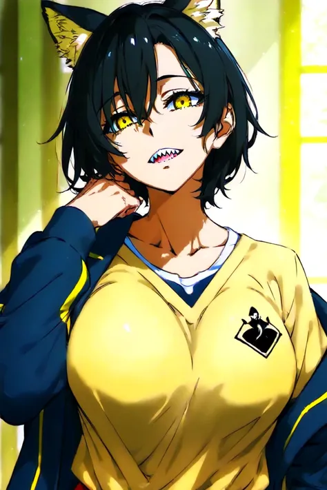 An 18-year-old woman with black hair in the middle of it is yellow, fair-skinned with black and yellow wolf ears, with yellow eyes with sharp teeth, And Xyrus school clothes in anime form 