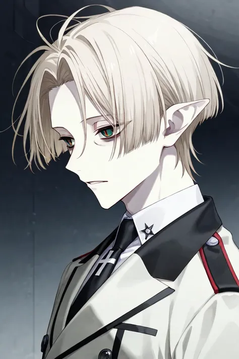 1boy,solo,male,male focus,

toned male, mature, bishounen, 25 years old, short hair, straight_hair, long bangs, forehead, platinum blonde hair,  green eyes, slit pupils, red pupils, pale skin, bags under eyes, pointy ears

teal, double-breasted military-st...