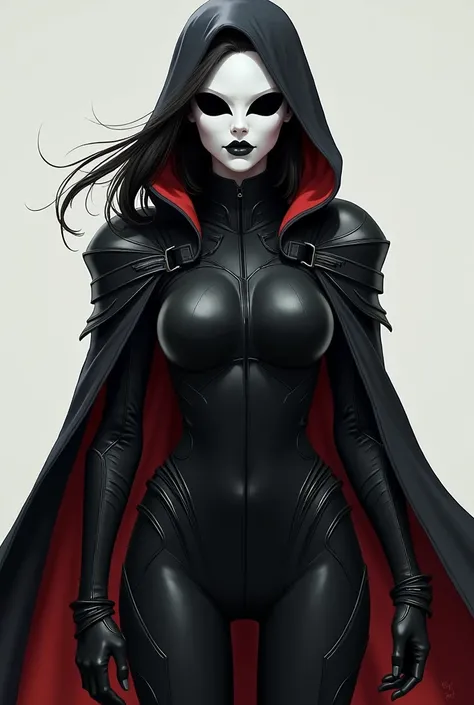 Female character wearing a white mask with a female human face design black eyes and black lips, and wearing a black cloak and a black bodyfit armored military suit, in a animated style. 