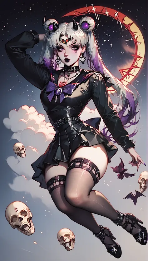 Sailor Moon Goth, goth make up, black dress, long stockings, purple nails, cross earrings, skull necklace, beauty eyes, little horns, pentagram background, optical flares, full body view, night atmosphere, she is flying in the sky, beauty legs, goth make u...