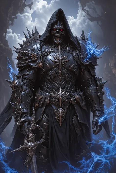 ha sang, 1boy, skull mask,armor, male focus, solo,weapon,sword,spikes,looking at viewer, blue_fire,c loak, hood up, holding, (masterpiece), (best quality), HDR, intricate detail,