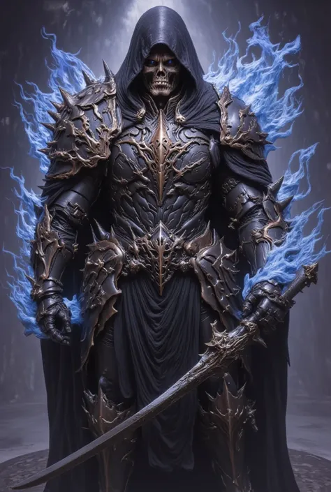 ha sang, 1boy, skull mask,armor, male focus, solo,weapon,sword,spikes,looking at viewer, blue_fire,c loak, hood up, holding, (masterpiece), (best quality), HDR, intricate detail,