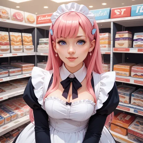 Estilo hyperrealista foto, Masterpiece, lots of details, great quality, woman tigth body, cute face, with anime maid cosplay, pink hair,in a comic book store.