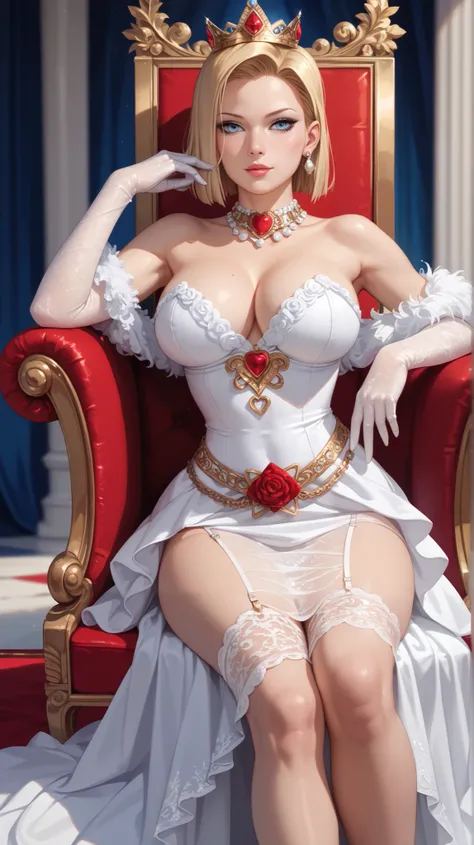 ( masterpiece,  top quality,  super detailed, Fondo de pantalla de 8k, realistic), Android no. 18 beautiful, with her Queen and Crown dress, Sitting on a spectacular queen's throne,  curvy but slender body ,  large breasts s , intricate designs, luxurious,...