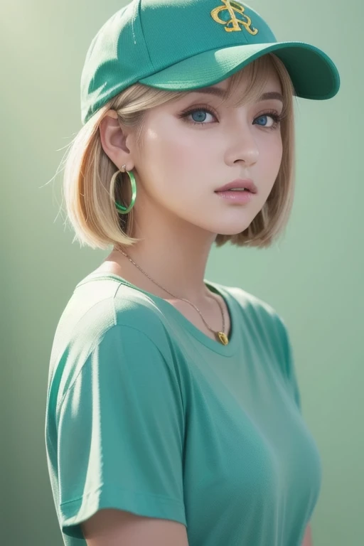  Masterpiece,  best quality ,  1 girl,   aqua eyes,  baseball cap, Blonde,  closed,  earrings, Green background,  has , hoop  earrings,   jewelry,  Watch viewers,  shirt,  short hair,  simple background, Alone,  upper body, yellow  shirt 