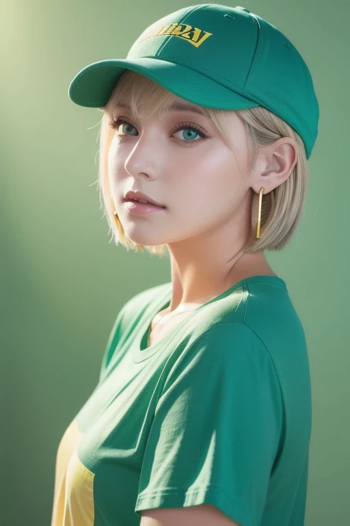  Masterpiece,  best quality ,  1 girl,   aqua eyes,  baseball cap, Blonde,  closed,  earrings, Green background,  has , hoop  earrings,   jewelry,  Watch viewers,  shirt,  short hair,  simple background, Alone,  upper body, yellow  shirt 