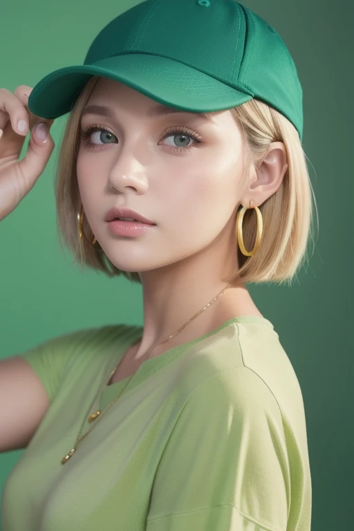  Masterpiece,  best quality ,  1 girl,   aqua eyes,  baseball cap, Blonde,  closed,  earrings, Green background,  has , hoop  earrings,   jewelry,  Watch viewers,  shirt,  short hair,  simple background, Alone,  upper body, yellow  shirt 