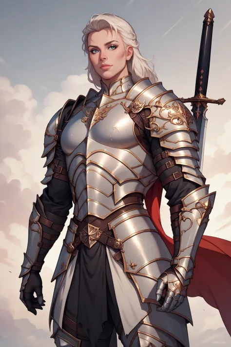 (((beautiful looks))) (((best quality))) (((HD))) (((8k))) (((extreme detail))), character design sheet. a fierce & masculine looking man in armor with a sword on his back, with a light leather armor, intricate leather armor, intricate white armor, off-whi...