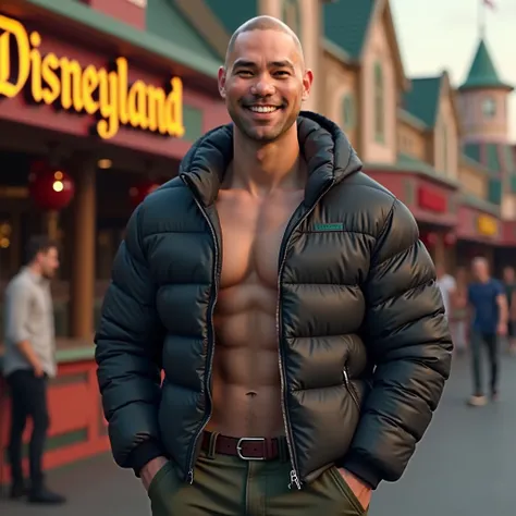  face close-up，A muscular bald young male wearing a down jacket and pants， Hands in Pockets ，, the corners of the mouth are raised，The background is outside the Disneyland kiosk，