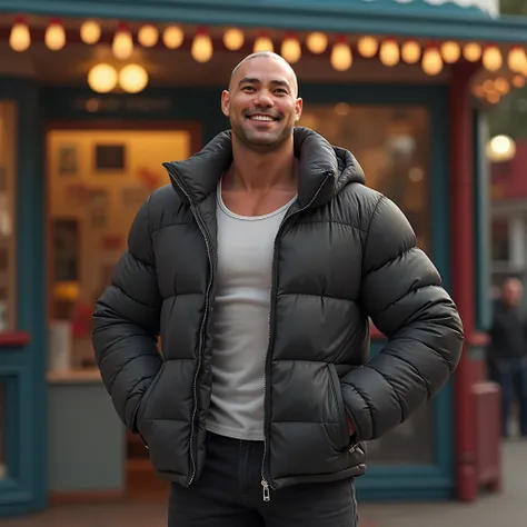  face close-up，A muscular bald young male wearing a down jacket and pants， Hands in Pockets ，, the corners of the mouth are raised，The background is outside the Disneyland kiosk，