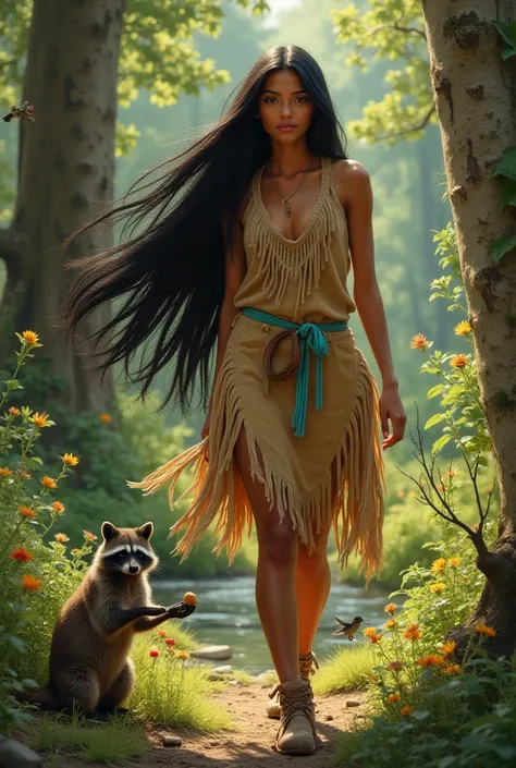  A young woman of Native American origin in a lush forest ,  with long straight black hair that floats in the wind .  Her tanned skin shines in the soft light of the sun that penetrates the trees .  She wears a simple suede dress beige with fringes and a t...