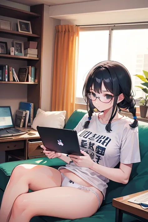 Beautiful young woman with rasta braids wearing  white panties and a tshirt working on her laptop at her sofa, while her girlfriend, a stunning latin slim girl with glasses wearing only Black underwear is entering the room with 2 beer