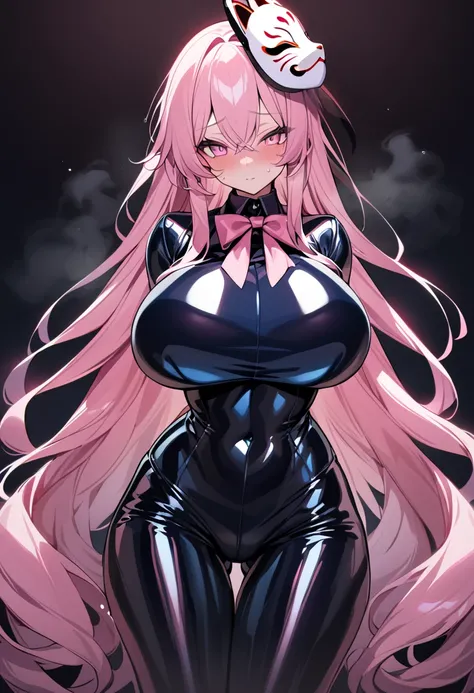 (masterpiece, Highest quality, Ultra-high resolution), 1girl, Hata no Kokoro, fox mask, Pink hair, long hair, pink eyes, Emotionless face, dark background, mask on head, closed mouth, huge breasts, (dark blue latex bodysuit), plaid pattern on suit, The clo...