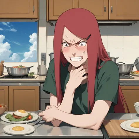 hand on own chin, 1girl, hand on own chest, blush, long hair, anime coloring, clenched teeth, red hair, angry, Kushina Uzumaki, smile, parody, teeth, food, sky, kitchen, cloud, shirt, Kushina