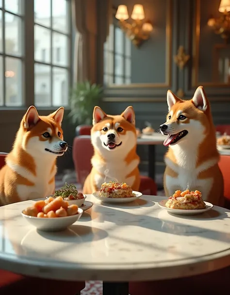 masterpiece, best quality, photorealistic, realistic, photography, Shiba Inus eating dog food at a fancy cafe