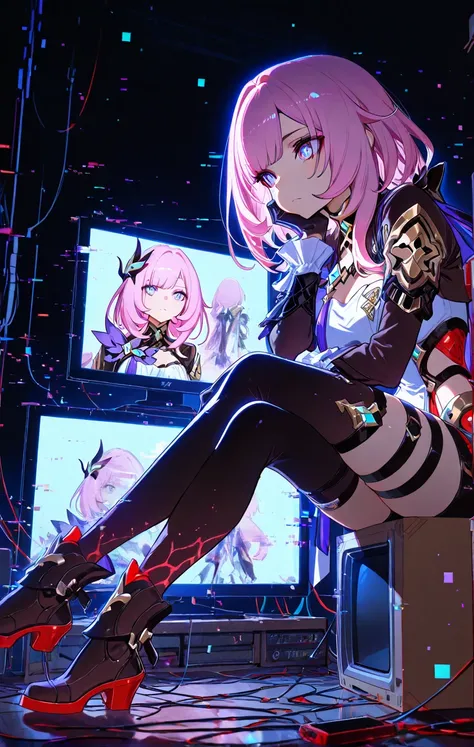 [mika pikazo:0.25, yoneyama mai:0.35, ilya kuvshinov:0.55, ainy:0.33], 1girl,elysia_honkai impact, sitting,monitor,head rest, television, screen light, glitch:1.33, multiple television,sitting on top of television, crossed legs,multiple box, on box,breast,...