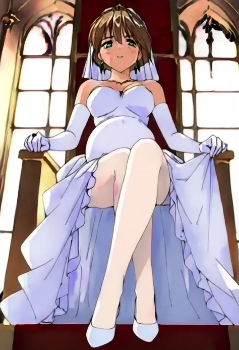 (((Best quality))),((Ultra-detailed)),((illustration)),((frilld)),(1 girl),(Solo), 1girl,sitting on a throne,crossed legs,evil smile,evil grin,frilled dress,bow,white pantyhose,toes,indoors,looking at viewer,view from below,feet focus,[refraction|caustics|...