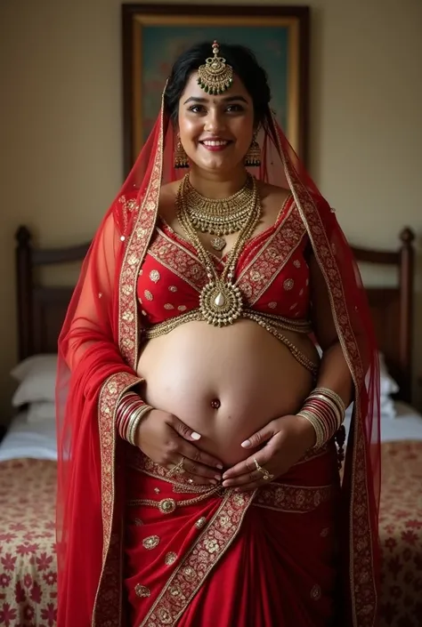 A 42 years indian woman, bbw plus sized figure with heavy breast, saggy belly, belly is as big as 9 months pregnant woman, standing in bedroom with complete bridal make as a hindu bride, jewellery on wrist, neck and on belly, she is in red langa choli, her...