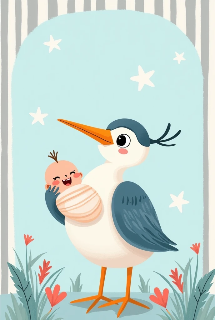 Art for revealing the sex of a baby measuring 21cm by 9,7cm for a boy with a cartoon heron carrying a human boy, with blue and gray stripes